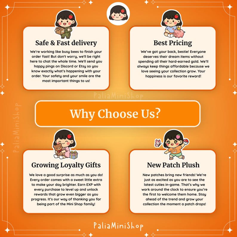 Puede incluir: Un gr&aacute;fico naranja con el texto "Why Choose Us?" y cuatro cuadros blancos con texto e ilustraciones de dibujos animados. Los cuadros resaltan la entrega segura, los mejores precios, los regalos de fidelidad y los nuevos peluches de parche.