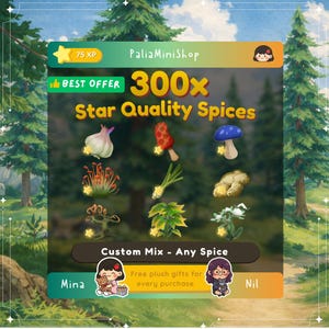 May include: An advertisement for "Star Quality Spices" with various spice illustrations. The text includes "Best Offer" and "Custom Mix - Any Spice." The background features a forest scene with pine trees. The advertisement also includes the text "Free plush gifts for every purchase."