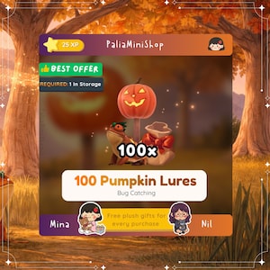 May include: An orange pumpkin lure with a carved face, a frog, and a bag of items. The image includes the text "100 Pumpkin Lures" and "Bug Catching". The background is a blurred autumn scene.