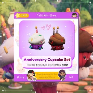 Könnte beinhalten: Werbebild für den PaliaMiniShop mit einem "Anniversary Cupcake Set". Das Set enthält zwei Plüsch-Cupcakes, einen mit weißem Zuckerguss und einer Kerze, den anderen mit Schokoladenguss und zwei Kerzen. Der Text lautet "Free plush gifts for every purchase."