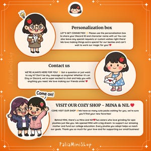 Puede incluir: Gr&aacute;fico naranja y blanco con ilustraciones de dibujos animados y texto. El texto incluye "Personalization box", "Cont&aacute;ctenos" y "Visita nuestra acogedora tienda - Mina & Nil". Tambi&eacute;n se muestra el nombre de la tienda "PaliaMiniShop".