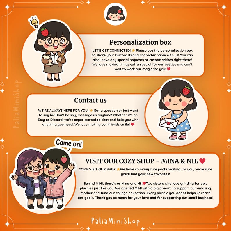Puede incluir: Gr&aacute;fico naranja y blanco con ilustraciones de dibujos animados y texto. El texto incluye "Personalization box", "Cont&aacute;ctenos" y "Visita nuestra acogedora tienda - Mina & Nil". Tambi&eacute;n se muestra el nombre de la tienda "PaliaMiniShop".