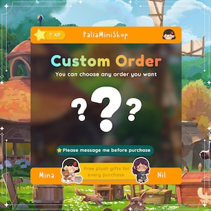 Puede incluir: Gráfico de pedido personalizado con el texto "Custom Order" y "You can choose any order you want". La imagen incluye tres signos de interrogación blancos y el texto "Please message me before purchase". El nombre de la tienda es "PaliaMiniShop".
