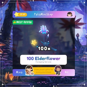 Op de afbeelding: Een digitale afbeelding voor PaliaMiniShop met een gloeiend blauw en paars vlierbloesempictogram en een gele ster. De tekst bevat 100x, 100 Elderflower, Foraging Service en vermeldt gratis pluche cadeaus met Mina en Nil als avatars.