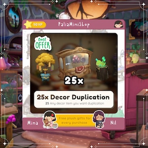 Può includere: Una pubblicità per PaliaMiniShop, con una vetrina con oggetti decorativi, un bonsai e una pianta verde brillante. Il testo recita "25x Decor Duplication" e "Free plush gifts for every purchase."