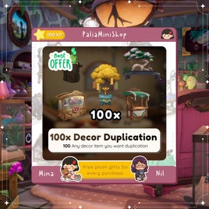 Könnte beinhalten: Werbung für PaliaMiniShop mit verschiedenen Dekorationsartikeln. Das Bild enthält den Text "100x Decor Duplication" und "Free plush gifts for every purchase." Der Name des Shops und ein "Best Offer"-Badge sind ebenfalls sichtbar.