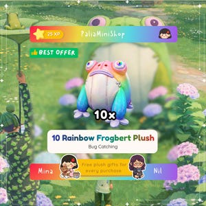 May include: A colorful plush frog with rainbow accents and large eyes. The text on the image says "10 Rainbow Frogbert Plush" and "Bug Catching". The image also includes the text "PaliaMiniShop".