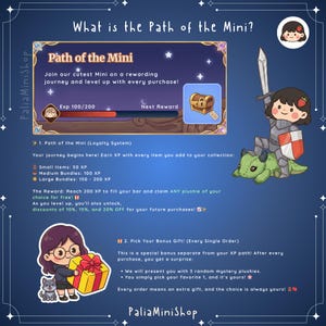 Puede incluir: Gr&aacute;fico promocional para PaliaMiniShop, con un caballero de dibujos animados sobre un drag&oacute;n verde y una ni&ntilde;a con un regalo. El texto incluye "Path of the Mini" y detalles sobre un programa de fidelizaci&oacute;n con recompensas y descuentos.