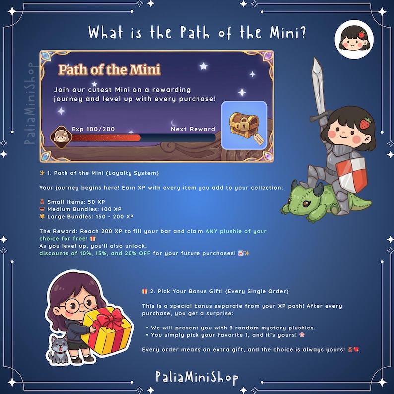 Puede incluir: Gr&aacute;fico promocional para PaliaMiniShop, con un caballero de dibujos animados sobre un drag&oacute;n verde y una ni&ntilde;a con un regalo. El texto incluye "Path of the Mini" y detalles sobre un programa de fidelizaci&oacute;n con recompensas y descuentos.