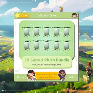 Pode incluir: Um pacote de dez pelúcias Lil Sprout, cada uma com um corpo branco e um topo de broto verde, exibidas em um fundo verde claro. O texto "Lil Sprout Plush Bundle" é visível, junto com "Includes 10 individual plushie". O nome da loja é "PaliaMiniShop".