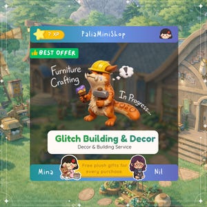 Puede incluir: Un anuncio de Glitch Building & Decor, un servicio de decoración y construcción. La imagen presenta un zorro de dibujos animados con un casco amarillo y sosteniendo un martillo y un pastel. El texto incluye "Furniture Crafting" e "In Progress".