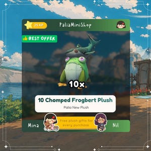 May include: A digital graphic featuring 10 Chomped Frogbert plush toys. The central image shows a green frog-like creature with large purple eyes and a dark teal shark-like figure resting on its head. The text reads 10x 10 Chomped Frogbert Plush.
