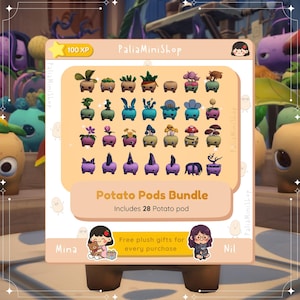May include: A digital image showcasing a "Potato Pods Bundle" from PaliaMiniShop, featuring 28 unique, miniature plant-like figures in various colors and designs. The image includes text that says "Free plush gifts for every purchase."