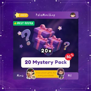Puede incluir: Un gráfico digital para un paquete de 20 misterios con cajas de regalo moradas con cintas rosas, signos de interrogación flotantes y estrellas. El texto dice PaliaMiniShop, 20x, 20 Mystery Pack, Best Offer, -50% y Free plush gifts for every purchase.