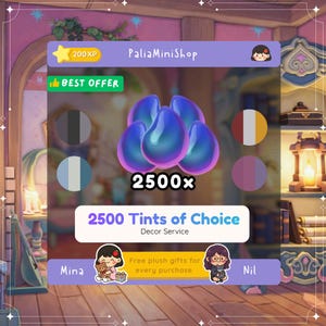 Może przedstawiać: Reklama dla PaliaMiniShop z pięcioma niebieskimi obiektami w kształcie łezki z etykietą 2500x. Tekst brzmi "2500 Tints of Choice" i "Decor Service". Dodatkowy tekst zawiera "BEST OFFER" i "Free plush gifts for every purchase".