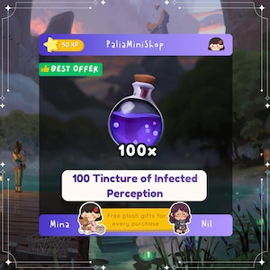 May include: A purple potion bottle with a cork stopper, labeled "100x" and "100 Tincture of Infected Perception." The image includes text that says "PaliaMiniShop" and "Best Offer."