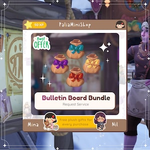 May include: An image of a "Bulletin Board Bundle" with five small bags, each tied with a different colored bow: teal, purple, yellow, and red. The text "Best Offer" is displayed above the bundle. The shop name is "PaliaMiniShop".