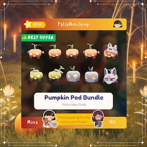 Könnte beinhalten: Eine digitale Anzeige mit dem Titel Pumpkin Pod Bundle, die zehn stilisierte kürbisförmige Charaktere in zwei Reihen zeigt. Die Figuren variieren in der Farbe, darunter Orange, Gelb und Weiß, wobei einige Masken tragen. Die Grafik enthält die Texte PaliaMiniShop, 25 XP, Best Offer und Palia New Pods.