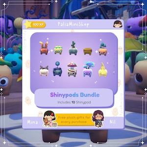 Puede incluir: Una exhibición digital de productos para Palia MiniShop, que muestra un "Shinypods Bundle" con 10 diseños únicos de Shinypod. La imagen presenta un fondo púrpura con varios personajes de plantas de estilo caricatura. El texto incluye "100 XP" y "Regalos de peluche gratis por cada compra."