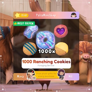 May include: An image featuring a collection of colorful, stylized cookies and treats. The text reads "1000 Ranching Cookies" and "Foraging Service". The image also includes the text "Best Offer" and "Free plush gifts for every purchase".