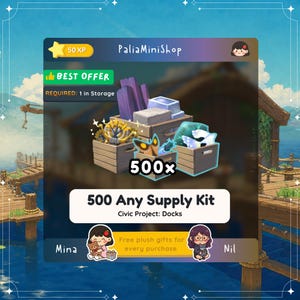 May include: A digital game interface for PaliaMiniShop featuring a 500x Any Supply Kit for the Civic Project: Docks. The graphic displays wooden crates filled with various items including purple planks, metal bars, a golden bow, and a moth icon.