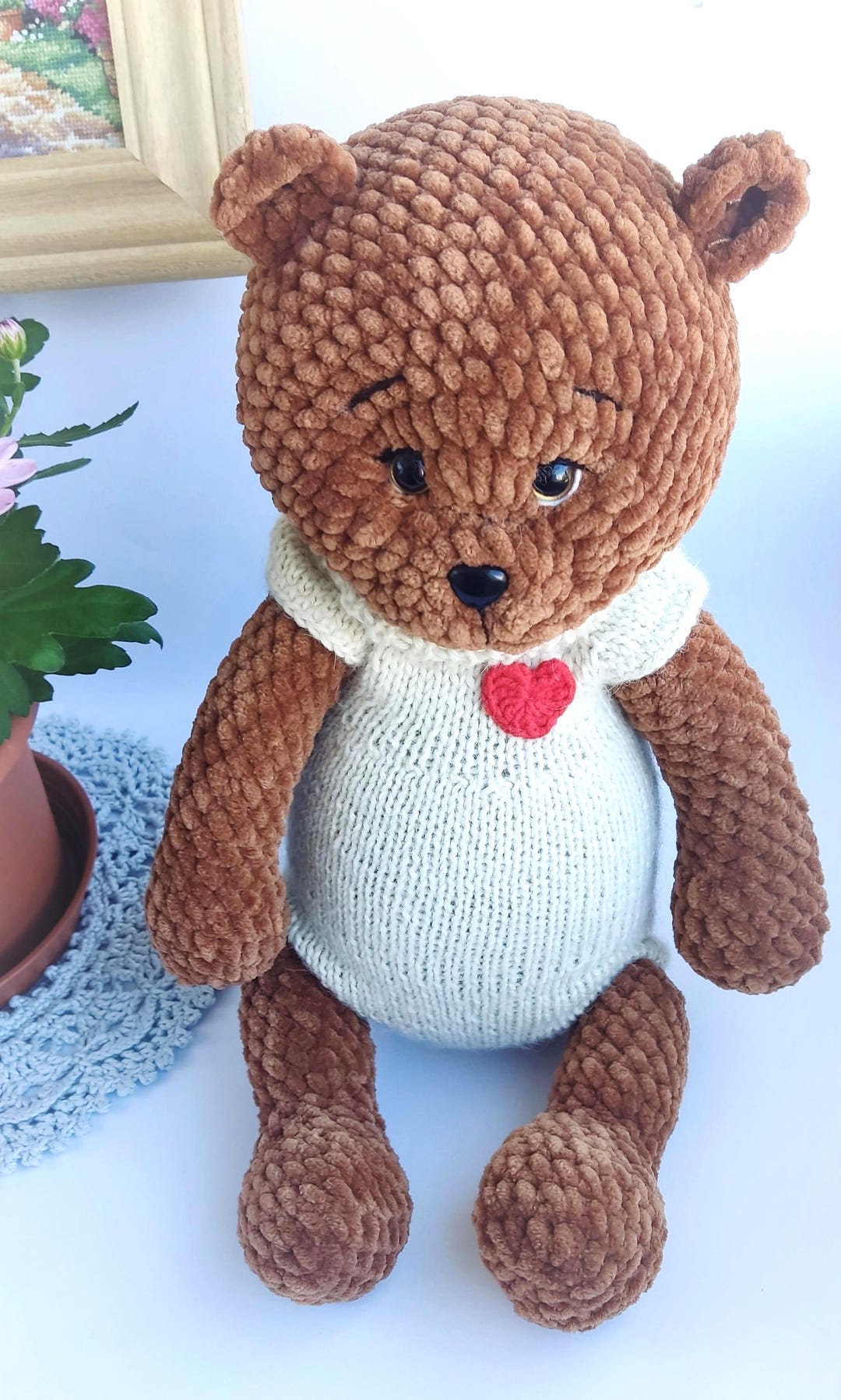 Large Brown Crochet Teddy Bear in White Knitted Sweater 35cm - Etsy