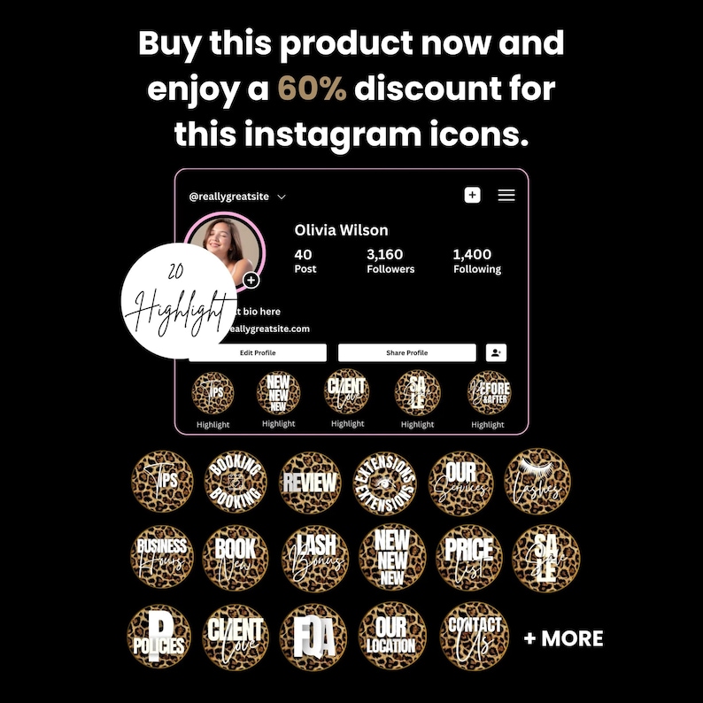 May include: Instagram highlight covers with a leopard print design and white text. The image includes an Instagram profile mockup and text that says "Buy this product now and enjoy a 60% discount for this instagram icons."