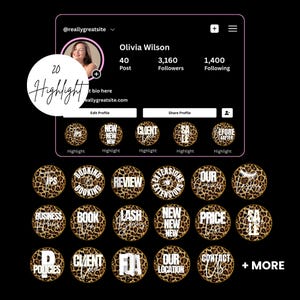 May include: Instagram profile screen capture with a black background. The profile is for Olivia Wilson, with a profile picture and follower count. Highlight buttons with leopard print backgrounds and white text include "Tips", "Booking", "Review", and "Extensions".