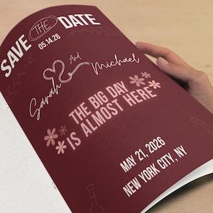 Bordeauxrood zwart roze SAVE THE DATE-sjabloon, minimalistische doe-het-zelfhuwelijksuitnodiging 2026, (digitale download) EBW1