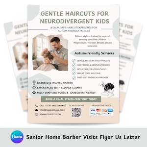 May include: Flyer for a barber service specializing in haircuts for neurodivergent children and autism-friendly families. The flyer includes a photo of a barber giving a haircut, and lists services such as gentle haircuts and quiet tools.