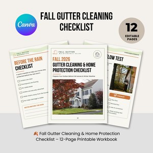 Può includere: Un quaderno di 12 pagine intitolato Fall Gutter Cleaning and Home Protection Checklist. Le pagine presentano testo, caselle di controllo e una fotografia di una casa con alberi autunnali. La copertina riporta il testo Fall 2026.