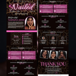 Editable Acuity scheduling template in Canva for nail technicians, modern pink leopard booking website layout for beauty service businesses