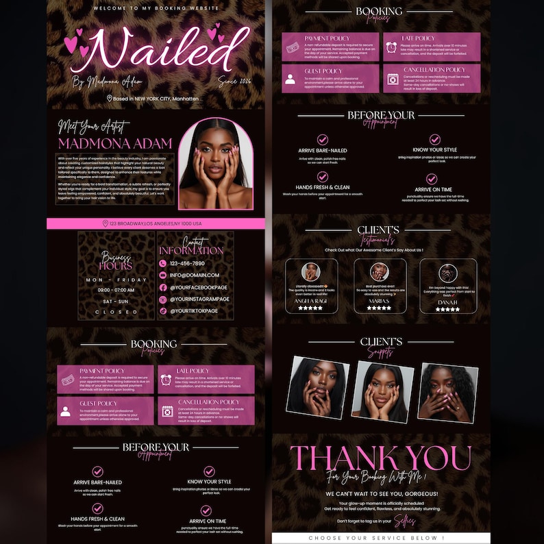 Editable Acuity scheduling template in Canva for nail technicians, modern pink leopard booking website layout for beauty service businesses