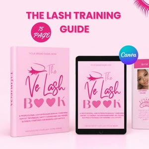 Op de afbeelding: Een roze wimpertrainingsgids getiteld "The Ve Lash Book" met een roze hart- en wimperlogo. De gids is beschikbaar in gedrukte en digitale formaten. De tekst bevat "75 pagina's".