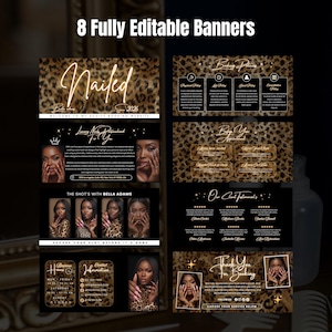 May include: A collection of eight fully editable banners with a leopard print design. The banners feature text such as "Nailed", "Booking Policies", and "Thank You for Booking". The color scheme is black, gold, and brown.