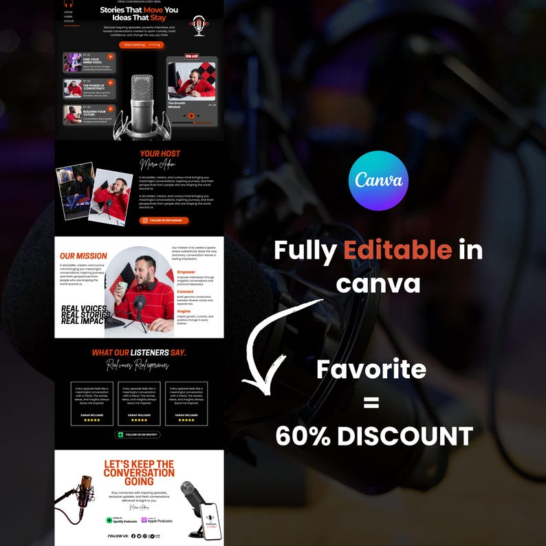 Creative podcast business website layout with host biography, testimonials, and newsletter signup form.