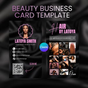 May include: A beauty business card template with a black background and pink accents. The card features a photo of a woman, contact information, and a QR code. The right side showcases hair styling images.
