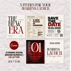 Puede incluir: Un conjunto de cinco folletos para lanzamiento de negocio en formato de 21,59 x 27,94 cm. Los diseños presentan texto en negro y rojo oscuro sobre fondos crema, incluyendo THE NEW ERA, SAVE THE DATE 10.04.2026 y CHAPTER 01, con logo Canva.