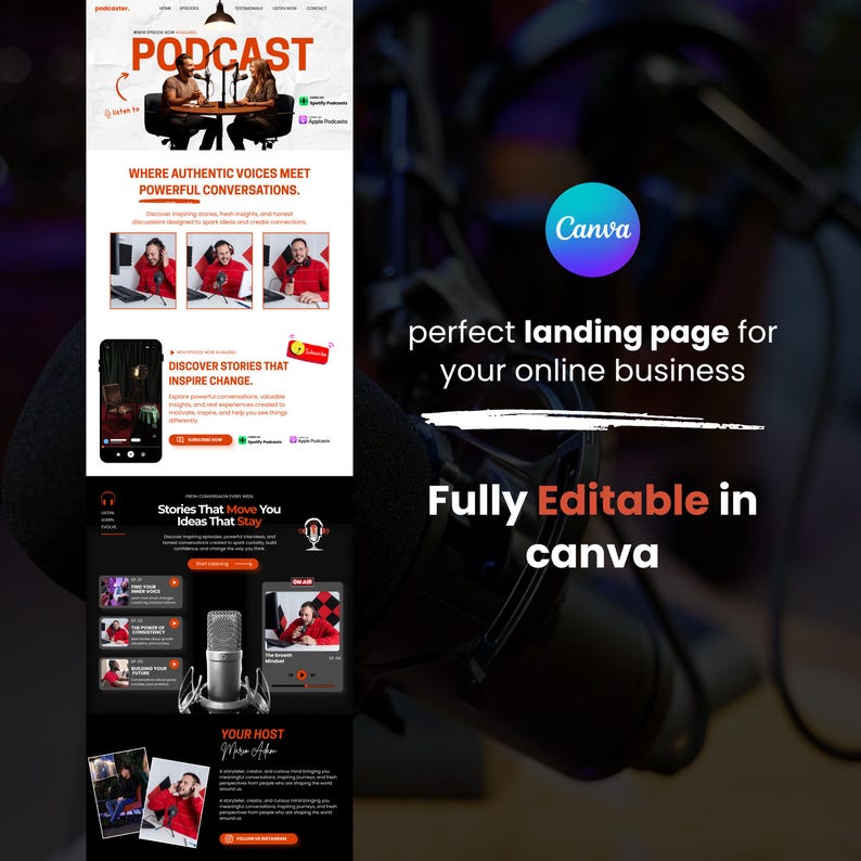 Small business podcast website design with branding elements, service information, and contact section.