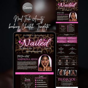 May include: A digital template for nail technicians, featuring a leopard print design with pink accents. The template includes sections for booking, contact information, and client testimonials. The text reads "Nailed" and "Meet Your Artist".