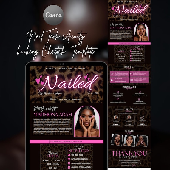 acuity scheduling template leopard cheetah, nail website template, cheeta pink templates for nailed business