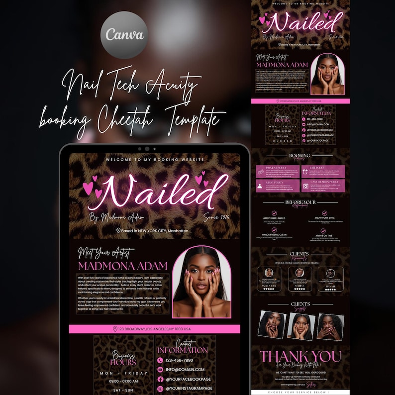 Leopard print Acuity scheduling template for nail technicians, editable Canva booking site template for beauty business appointment scheduling