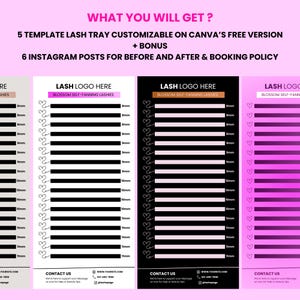May include: Digital templates for lash trays and Instagram posts. The image features a pink background with text that reads "WHAT YOU WILL GET?" and details about the templates. There are also examples of lash tray designs with measurements.