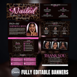Pink leopard cheetah Acuity scheduling website template editable in Canva, stylish booking page design for nail techs and beauty salons
