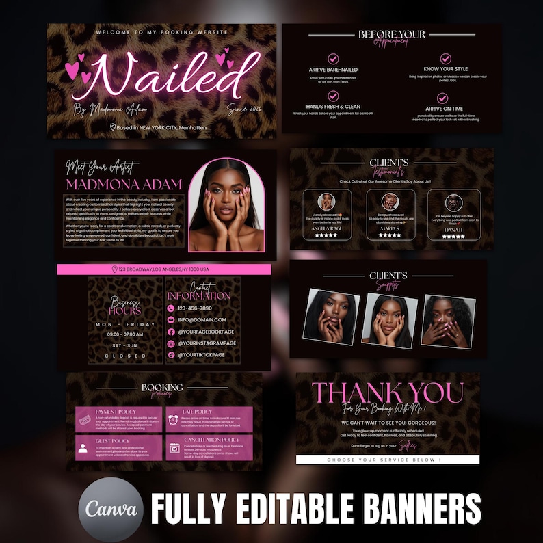 Pink leopard cheetah Acuity scheduling website template editable in Canva, stylish booking page design for nail techs and beauty salons
