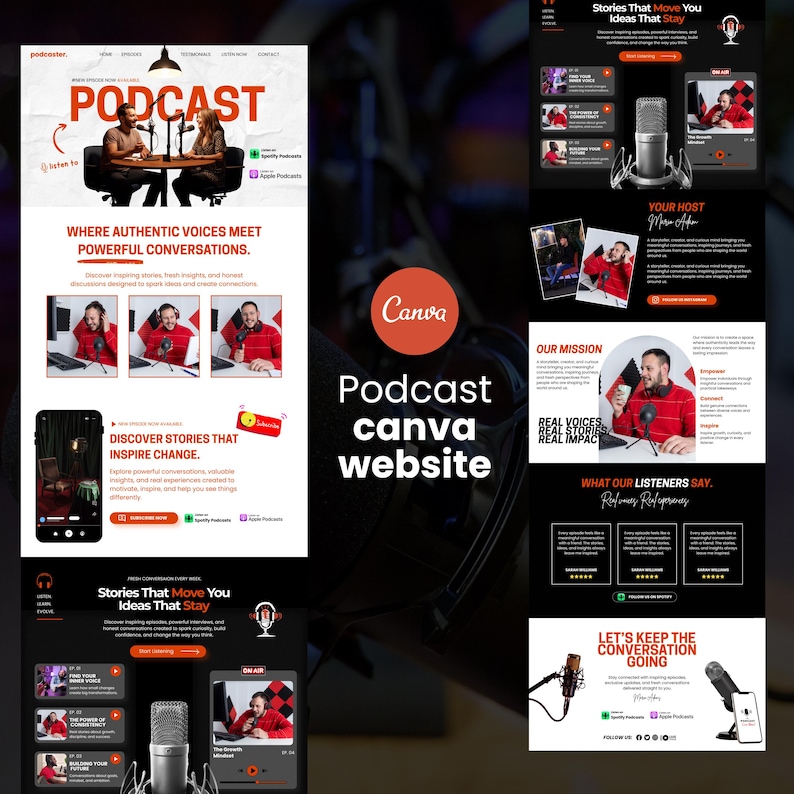 Modern podcaster website Canva template homepage design for podcast business and personal brand.