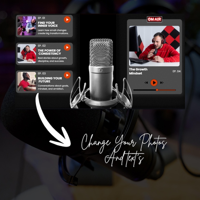 Clean and modern podcast landing page template with episode highlights and call-to-action buttons.