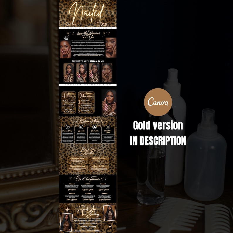 May include: A promotional graphic with a leopard print background and gold text. The text reads "Nailed" and includes information about nail services, contact details, and client testimonials. The image also features photos of manicured nails and beauty products.
