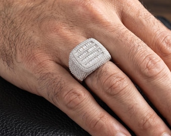 Komplett geeister Baguette & Runder Moissanit Ring, Premium Gefrorene VVS Moissanit Ringe, 925 Sterling Silber Vintage Ring, Geschenk für Ehemann