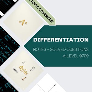 May include: A textbook cover titled "Differentiation" with "Notes + Solved Questions A-Level 9709". The design includes mathematical symbols and equations, with "NOVA NILES" at the top. The cover is in shades of green and white.